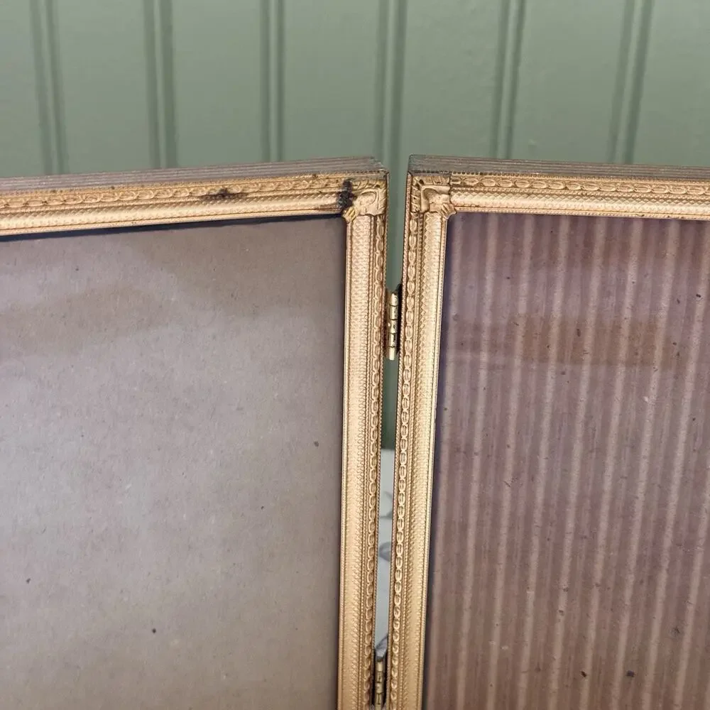 VTG Gold Metal Folding Double Picture Frame 5x7 Ornate Hinged Bi-Fold Lot Brass